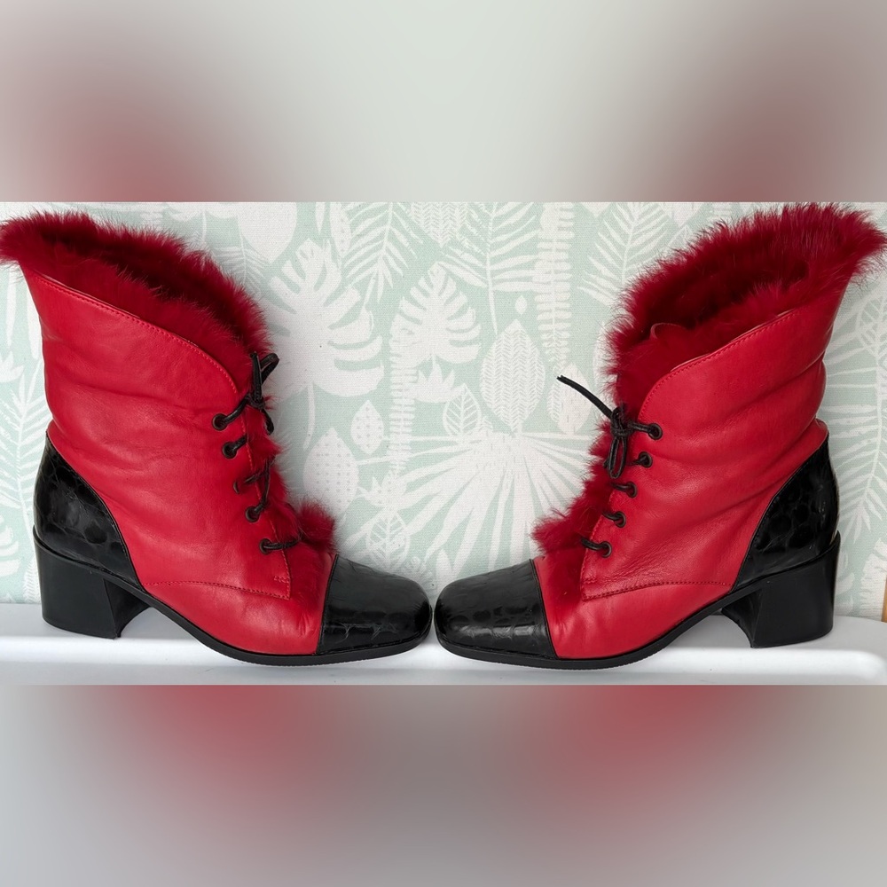 Emmedieci Leather Red Booties Victorian Style w/ Rabbit Hair Lining EU 38 US 7.5 - Picture 5 of 13